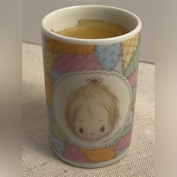 Vintage Hallmark Betsey Clark candle in ceramic holder pastel patchwork 70s - Picture 1 of 15